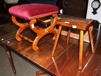 Lot 455 - Victorian cross-framed stool with red velvet cover and a poker work stool (2)