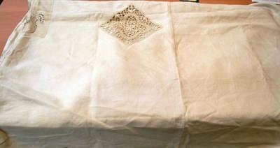 Lot 474 - A cream linen bedspread with crochet insertions