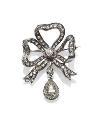 Lot 401 - A Diamond Bow Brooch, the late Victorian bow set with old cut and rose cut diamonds, with a...