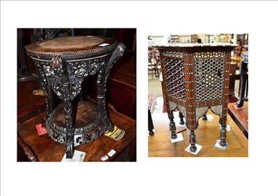 Lot 503 - A Moorish inlaid hexagonal table and a Chinese padouk wood jardiniere stand