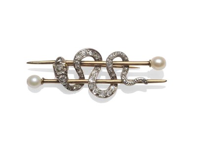 Lot 403 - A Diamond Set Serpent Brooch, two pins each with a pearl terminal, a serpent entwined around...