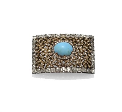 Lot 404 - A Turquoise and Diamond Choker Clasp, circa 1880, an oval cabochon turquoise centres a floral...