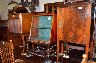 Lot 524 - Two mahogany bedside cupboards, two small magazine racks, a glazed cabinet, a cane seat stool...