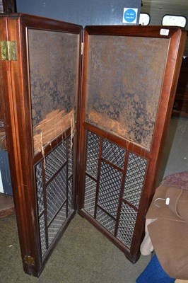 Lot 528 - Chinese rosewood three leaf screen, with fret work and silk panels