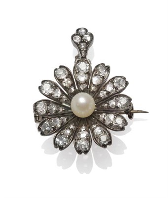 Lot 408 - A Victorian Pearl and Diamond Brooch/Pendant, a floral cluster with a central pearl and petals...