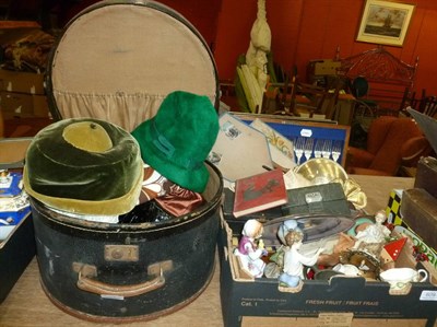 Lot 609 - Five boxes of ceramics, glass and ornamental items and a hat box of hats