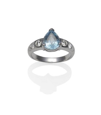 Lot 415 - An Aquamarine and Diamond Ring, a pear mixed cut aquamarine in a white claw setting, to...