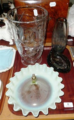 Lot 6 - Holmegaard smokey glass vase and small dish, large vase decorated with dragonflies and a...