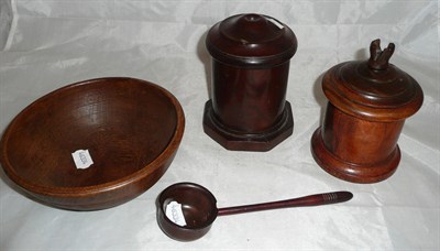 Lot 9 - Two lignum vitae thread boxes, treen ladle and a bowl