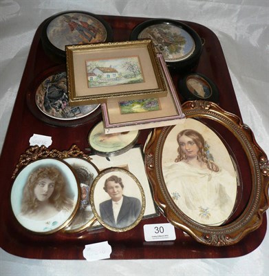 Lot 30 - Three framed pot lids, assorted miniature and framed watercolour portraits and photographic...