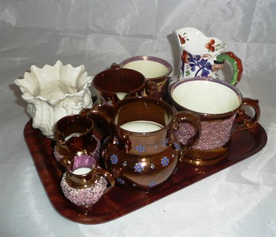 Lot 37 - Tray of copper lustre ware and a Belleek vase