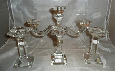 Lot 42 - A modern glass candelabrum and a pair of candlesticks
