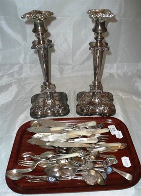 Lot 43 - Pair of plated candlesticks and flatware