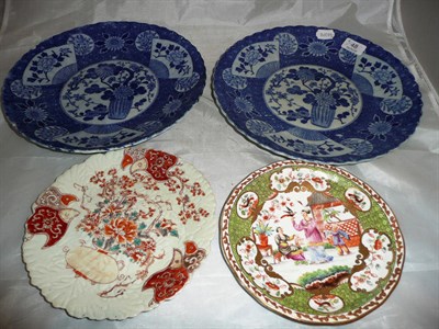 Lot 48 - Pair of blue and white plaques, an Imari plate and a famille rose plate