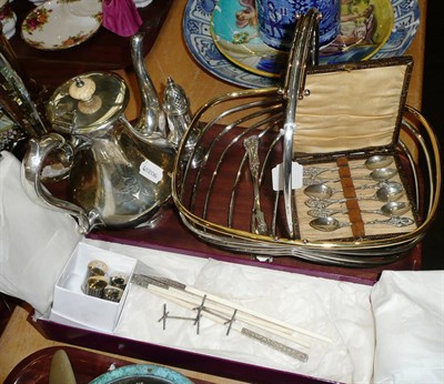 Lot 57 - A plated fruit basket, a coffee pot, a cheese server, two salt and pepper pots, Asprey ivory...