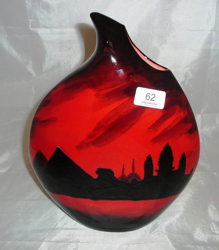 Lot 62 - Peggy Davies, hand painted vase in ruby fusion 'Pyramids'