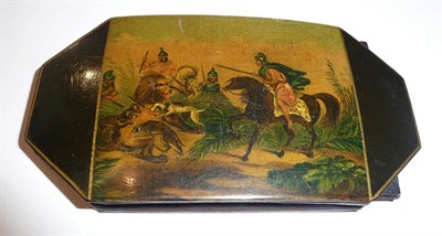 Lot 86 - A 19th century papier mache spectacle case painted with a lion hunt