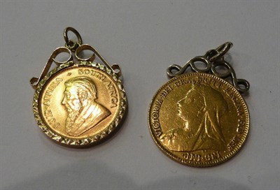 Lot 89 - A 1/4 Krugerand and a half sovereign, as pendants