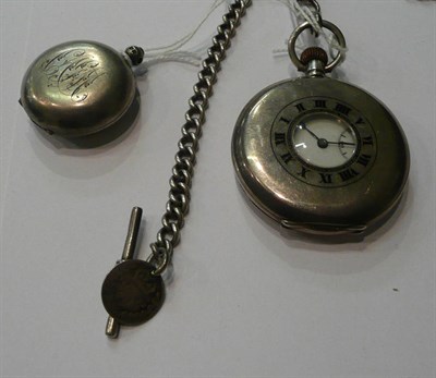 Lot 95 - Silver fob watch and chain and a half sovereign case