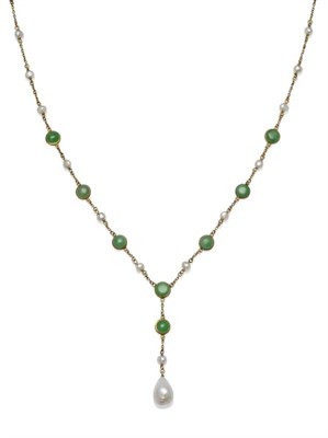 Lot 430 - A Pearl and Jade Necklace, a chain with pearls and round jade cabochons spaced along the...