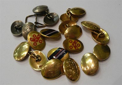 Lot 103 - Three pairs 18ct gold cufflinks, silver pair of cufflinks and an enamel pair