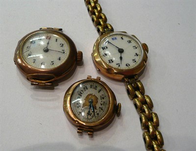 Lot 105 - Three gold lady's wristwatches (none gold strap)