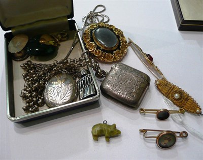 Lot 111 - A silver vesta case on chain, a Victorian brooch, a fire opal bar brooch, a Victorian pearl set...