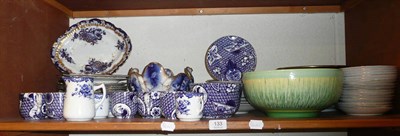 Lot 133 - Shelf of assorted decorative blue and white tea wares, chamber pot and Adderley ware drip glaze...