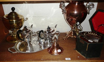 Lot 137 - Silver plated tea set, copper tea urn, brass tea urn and a boxed concertina