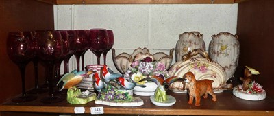 Lot 143 - Cranberry cut glass wines, Adderley bird and animal figures, pottery, china etc (on two shelves)