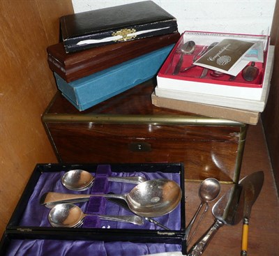 Lot 147 - Victorian walnut brass bound writing slope and cased flatware