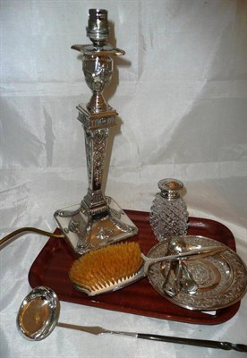 Lot 158 - A silver plated lamp base stamped W & H, ladle etc