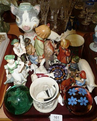 Lot 161 - Tray of assorted decorative items including green glass paperweight, Royal Worcester figure, Hummel