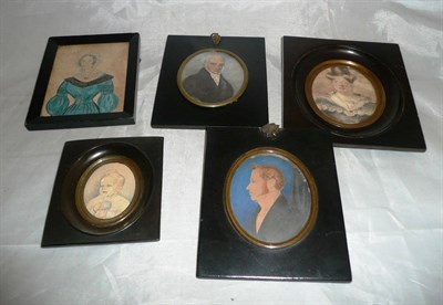 Lot 164 - Five assorted portrait miniatures in ebonised frames