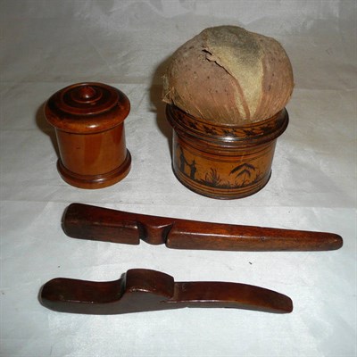 Lot 166 - Treen string box, two knitting sheaths and 1824 pin cushion 'Mary Stapley'