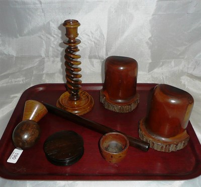 Lot 190 - Treen bookends, turned candlestick, rolling rule, small bowl, lidded round box, cone and egg