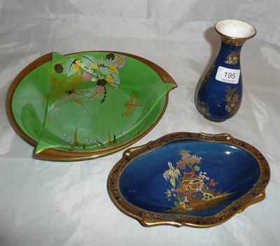 Lot 195 - Carlton ware blue ground vase, oval dish and a green bowl