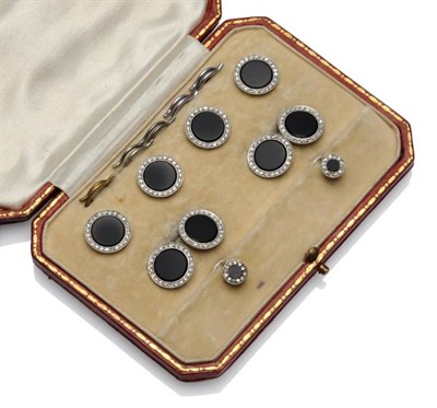 Lot 440 - A Set of Onyx and Diamond Dress Studs, circa 1920, comprising four buttons, a pair of...