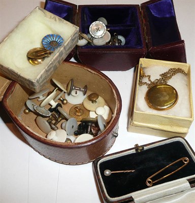 Lot 223 - Pair blue enamel decorated silver earrings, one locket, two boxes of studs, stock pin and hat pin