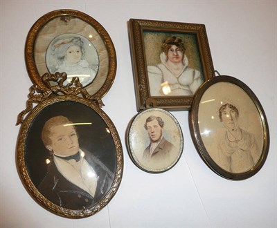 Lot 228 - Five assorted portrait miniatures (four in gilt metal oval frames)