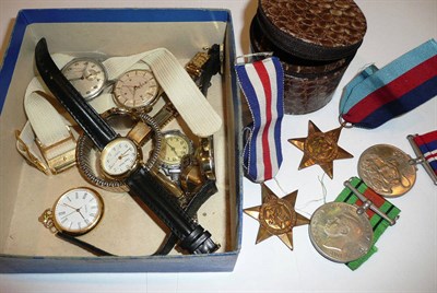 Lot 240 - A quantity of watches, lady's wristwatch case stamped 375 and four war medals