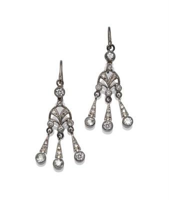 Lot 445 - A Pair of Diamond Drop Earrings, old cut diamonds in white millegrain settings, with hook...