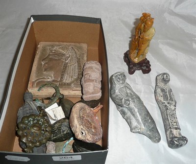 Lot 264 - Box of collectable items including soapstone figure and antiquities (some reproduction)