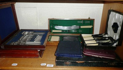 Lot 276 - Oak cased canteen of plated flatware, two mahogany canteens of flatware (a.f.), set of silver...