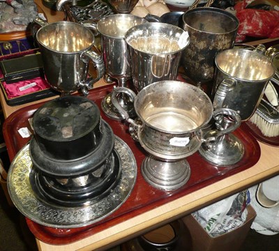 Lot 290 - Silver goblet and trophy cup, assorted trophy cups and a plate