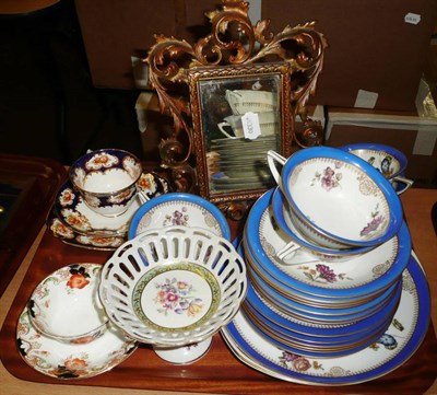 Lot 293 - Decorative blue and gilt tea service, brass mounted small mirror on easel frame, decorative...