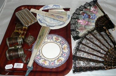 Lot 303 - Two blue and white transfer printed side plates, Doulton tea plate, five assorted fans, two...