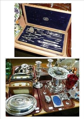 Lot 304 - A silver plated flambe dish/stand, an entree dish, two Roberts radios, a technical drawing set,...