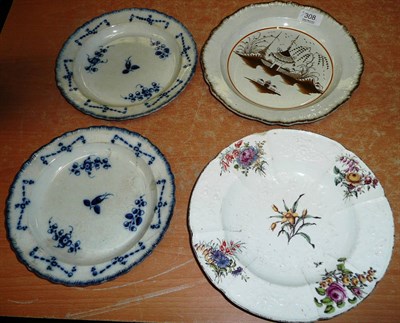 Lot 308 - 18th century Derby red anchor plate, 18th century Pearl ware plate and two blue and white plates