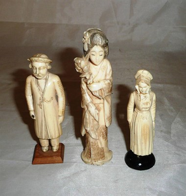 Lot 327 - Two carved ivory figures in the European style and another of a Geisha (3)